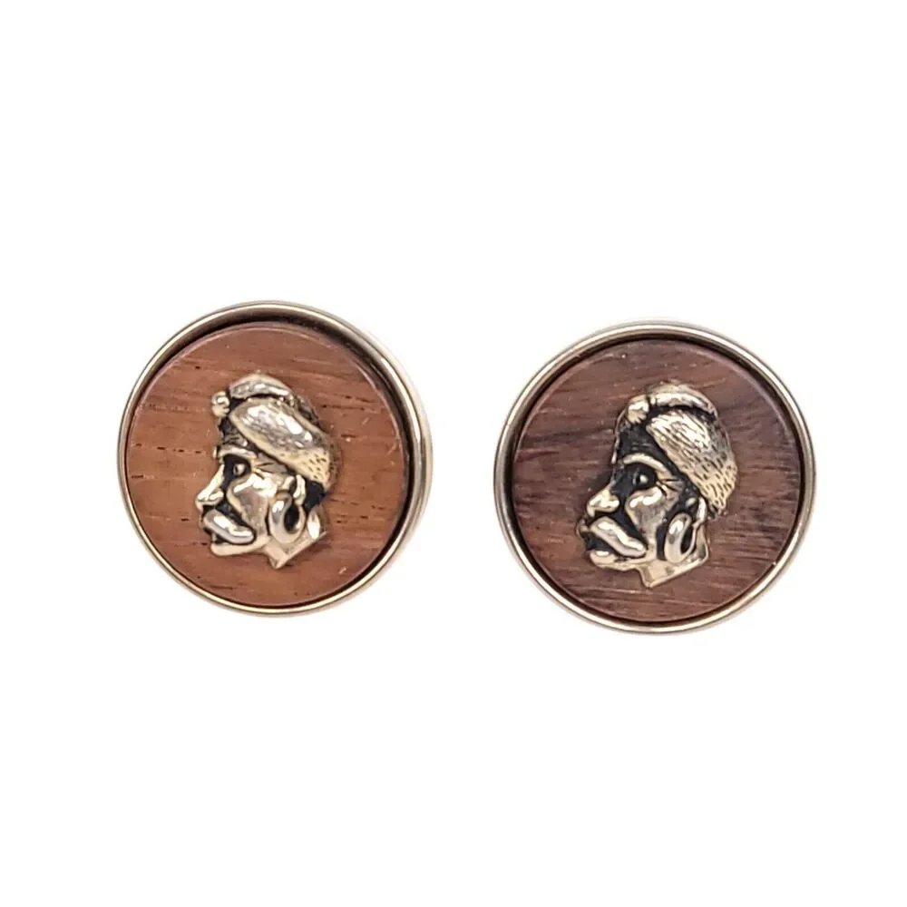 Swank Cuff Links Vintage Gold Tone Large Round Wood Grain Indian Gypsy Head